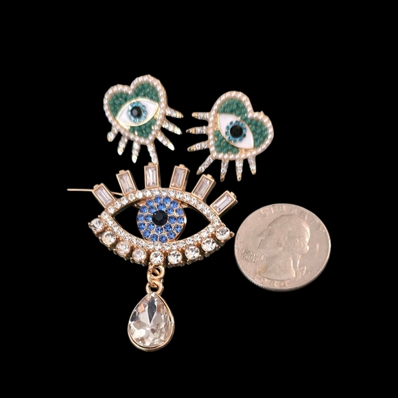 Contemporary Blue and Gold Evil Eye Brooch Set - Picture 3 of 4